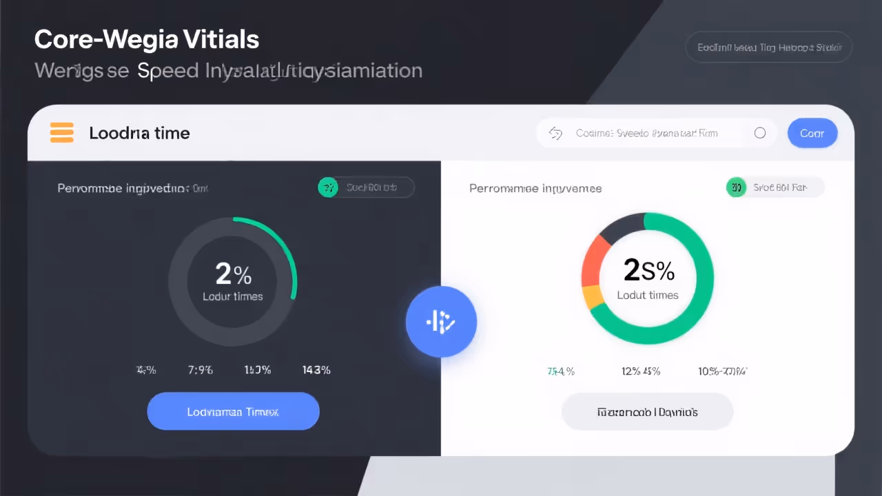 Website speed optimization visualization with loading time metrics and Core Web Vitals