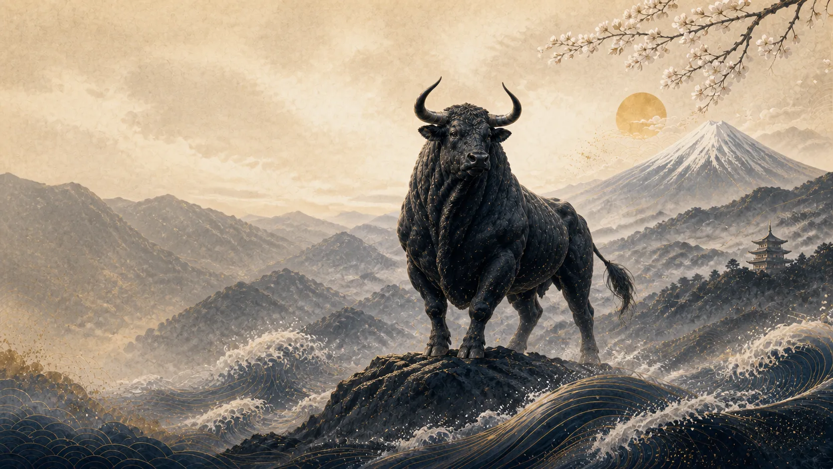 A ToroSachi bull overlooking a mountain landscape